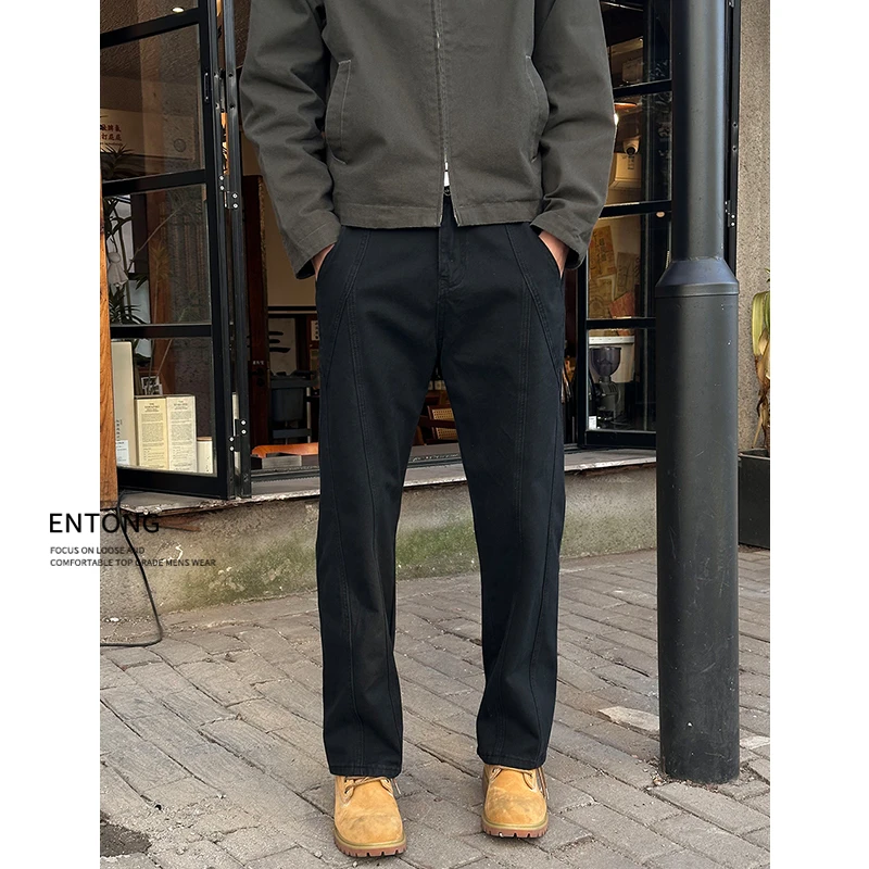 Entong美式解构cleanfit设计感高街大码宽松牛仔裤男款直筒长裤子