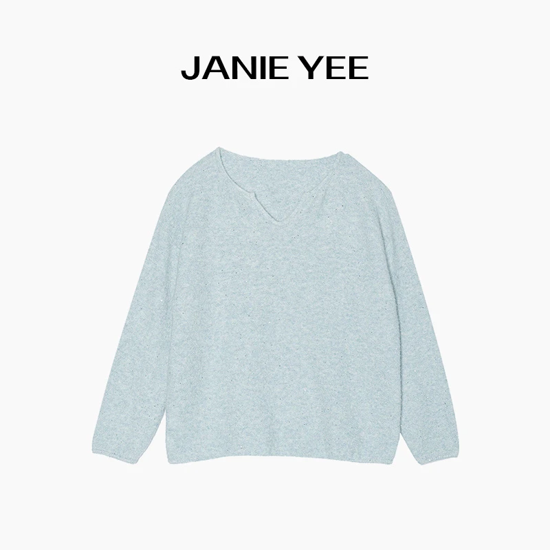 Janie Yee"星空蓝" 加厚珠片羊毛女冬宽松v领百搭上衣24A1152