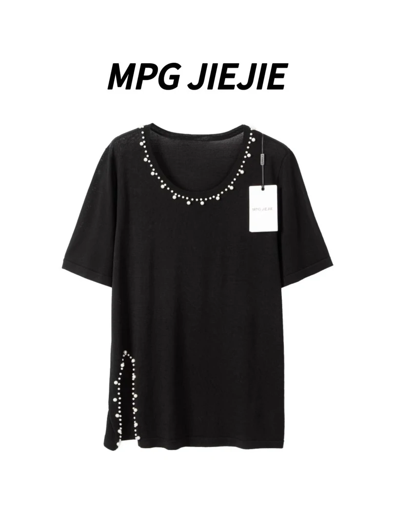 MPG JIEJIE【俏丽佳人】大码早秋天丝正肩钉珠开叉针织上衣