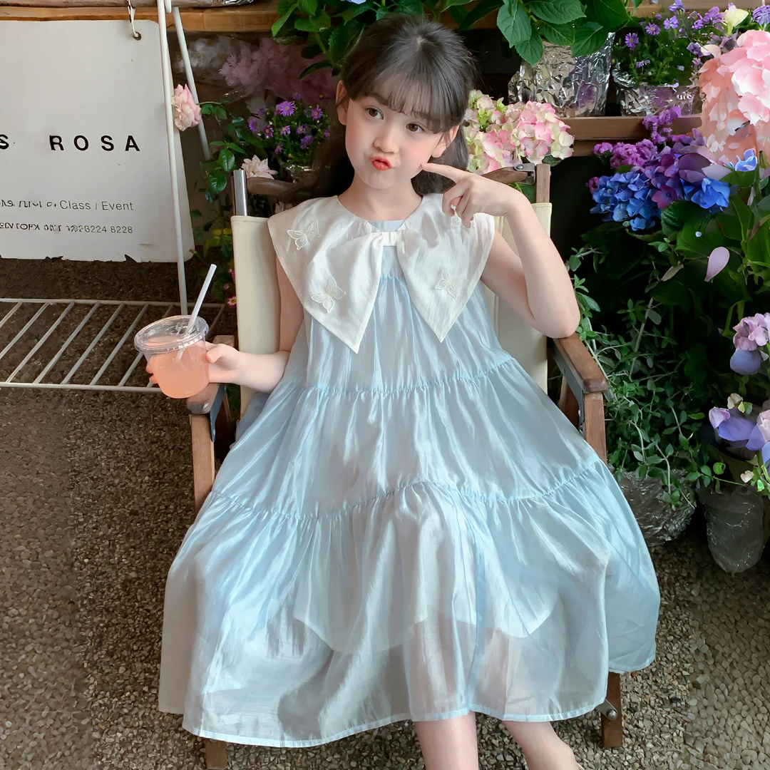 女童夏季长裙2025夏季新款女孩蝴蝶结领少女风时尚背心裙DY13214