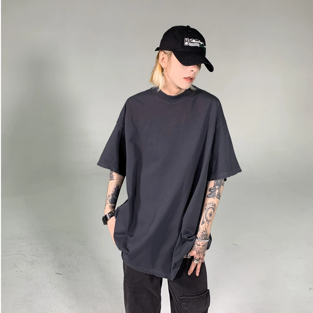 木子羊 双纱棉300克三色水洗高街美式休闲磨边短袖纯色T恤潮牌男