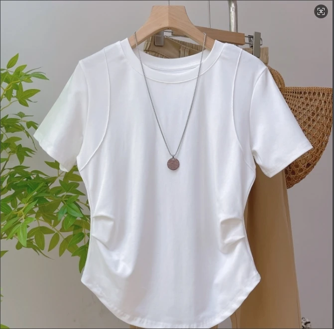 夏季新款圆领短袖T恤女设计感立裁小蛮腰拼接T恤Q25BT2139