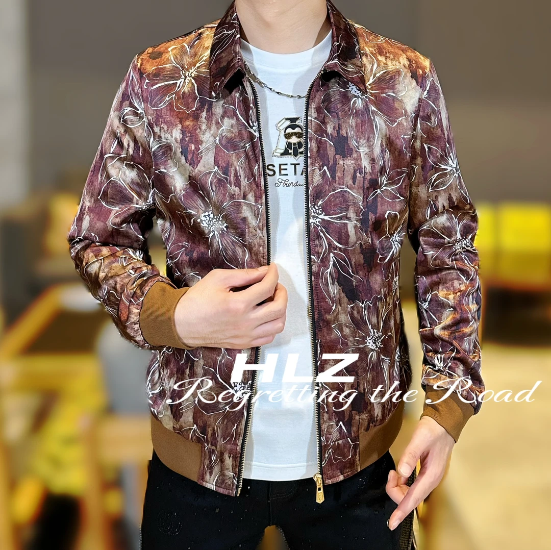 2025男士秋季新款时尚轻奢休闲个性潮流花朵提花翻领修身夹克外套