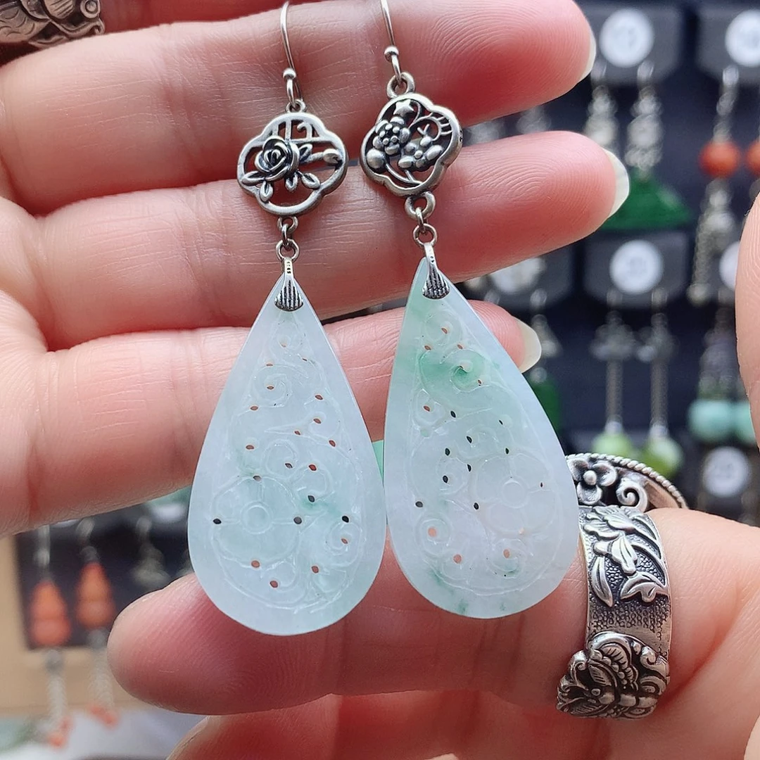 老***坊翡翠银S925镶嵌耳饰