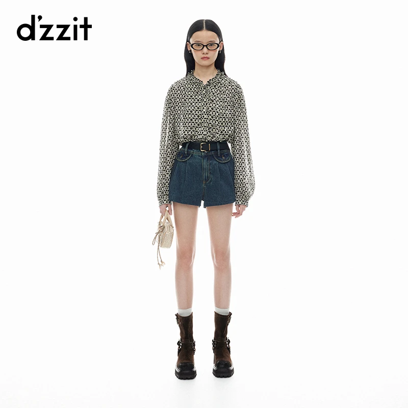 dzzit地素牛仔裤摩登简约两粒扣高腰棉质深蓝色花苞短裤女3I3R111