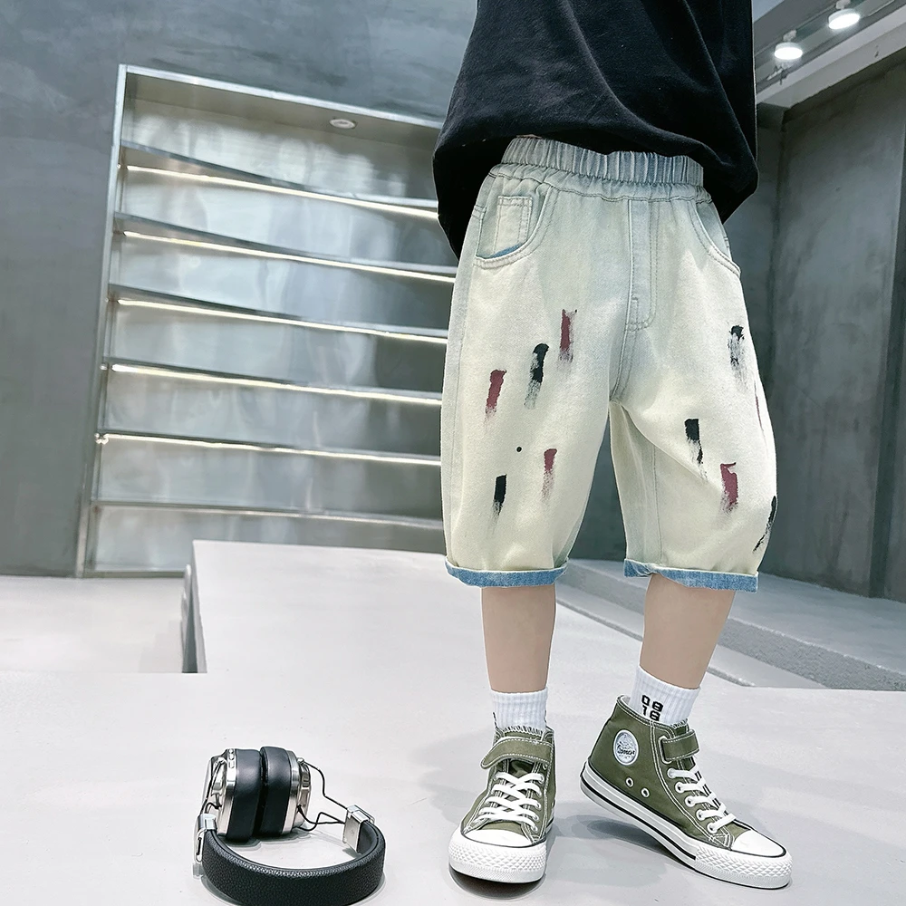 【亏本清货】怀旧色手绘潮酷儿童中裤夏季裤牛仔裤中大童LZX529