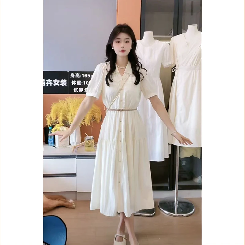 温柔女神范！自带邹感法式复古气质翻领显瘦收腰排扣连衣裙2503