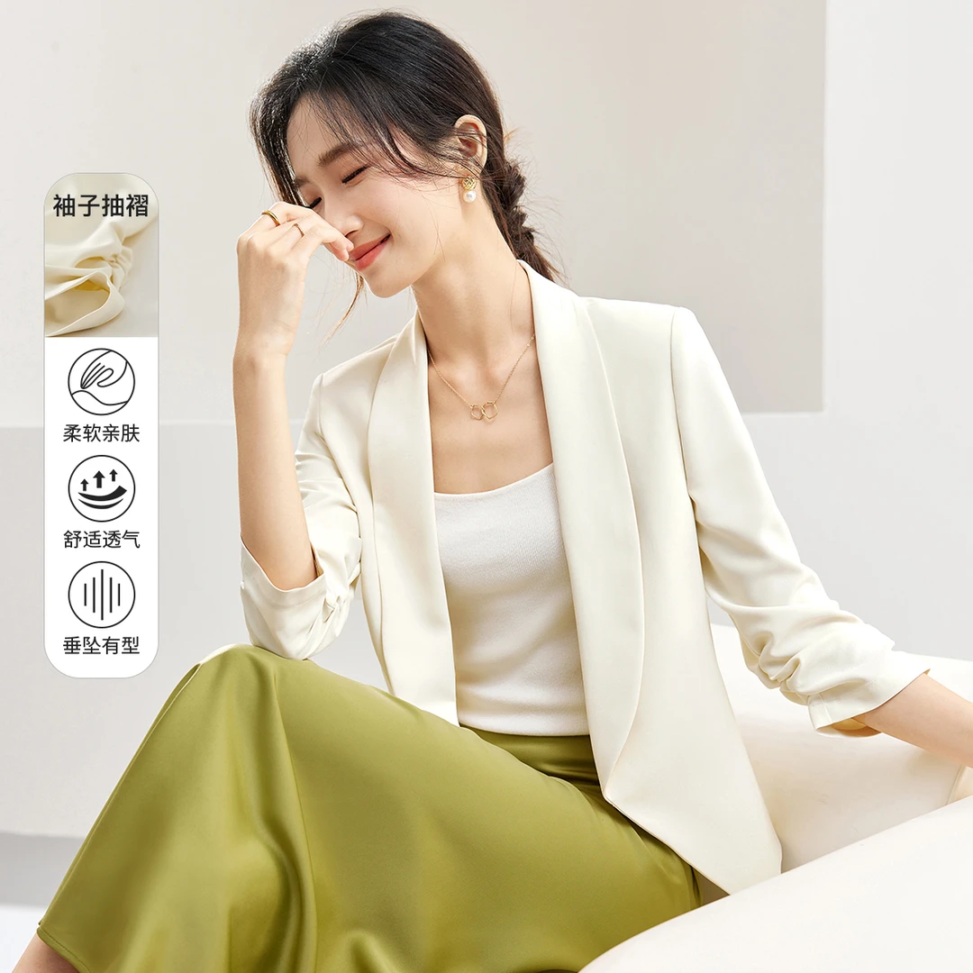 尚都比拉设计别致西装领带肩垫袖子抽褶小个子短款垂感西装53313