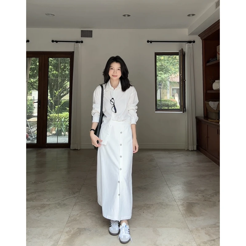 郭九九呢 亚麻天丝棉简约宽松衬衫高腰排扣显瘦半身裙 G925A06716