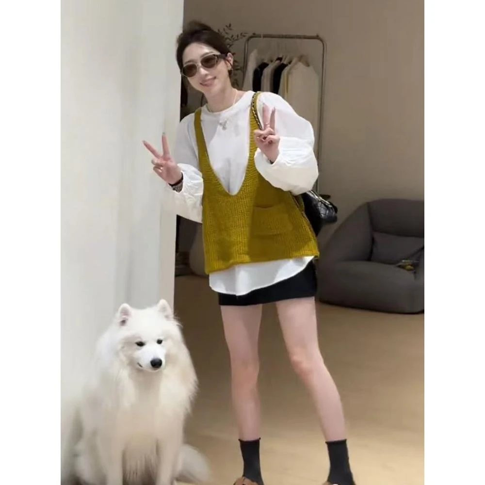 韩版高级感针织背心+长袖衬衫套装女爆款秋季新款宽松显瘦两件套
