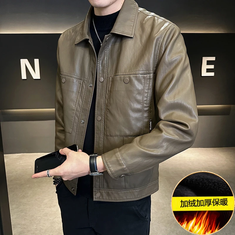 加绒皮衣男士外套2025新款秋冬季加厚衣服男款痞帅潮牌机车皮夹克