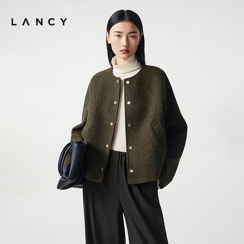 LANCY/朗姿2025冬新款简约小香风羊毛羊驼毛圆领短外套毛呢上衣女
