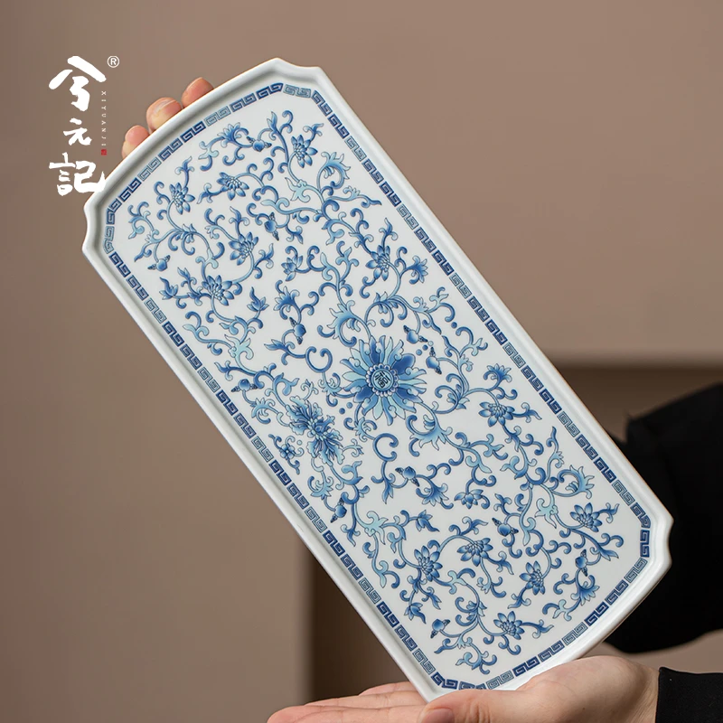 兮元记青花陶瓷茶盘家用小型干泡台长方形沥水盘隔热托盘茶具配件