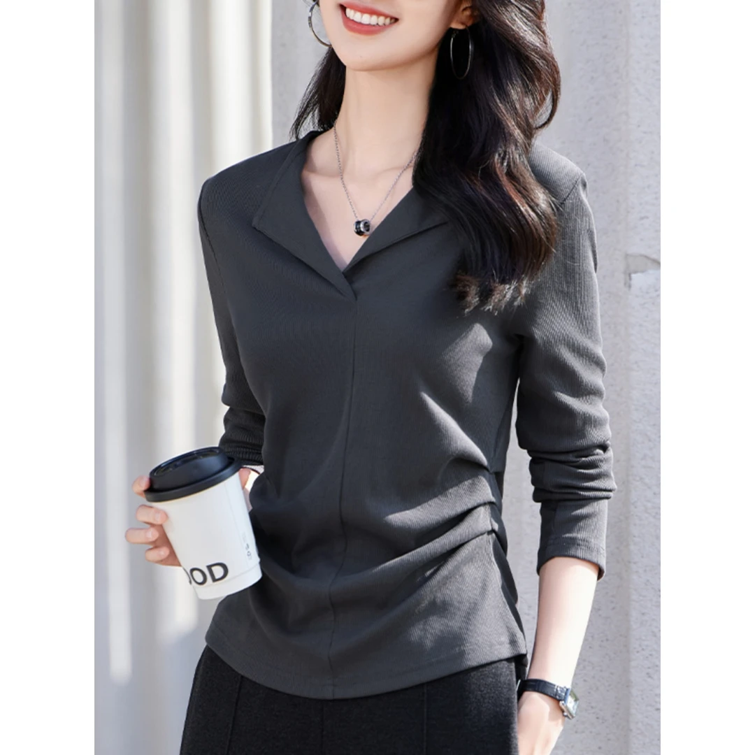 纯色翻领长袖T恤女2025秋装新款气质抽褶显瘦内搭百搭上衣打底衫