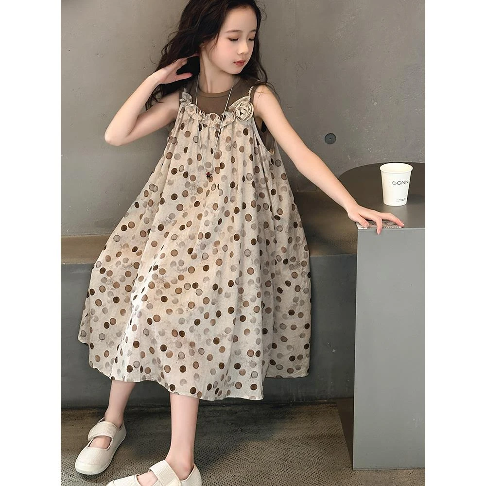 女童夏款圆点背心裙子套装2025新款儿童大女孩夏天洋气连衣裙复古