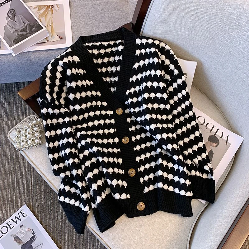 【店铺热销】V领慵懒风宽松女外套2024秋冬新款条纹休闲针织开衫