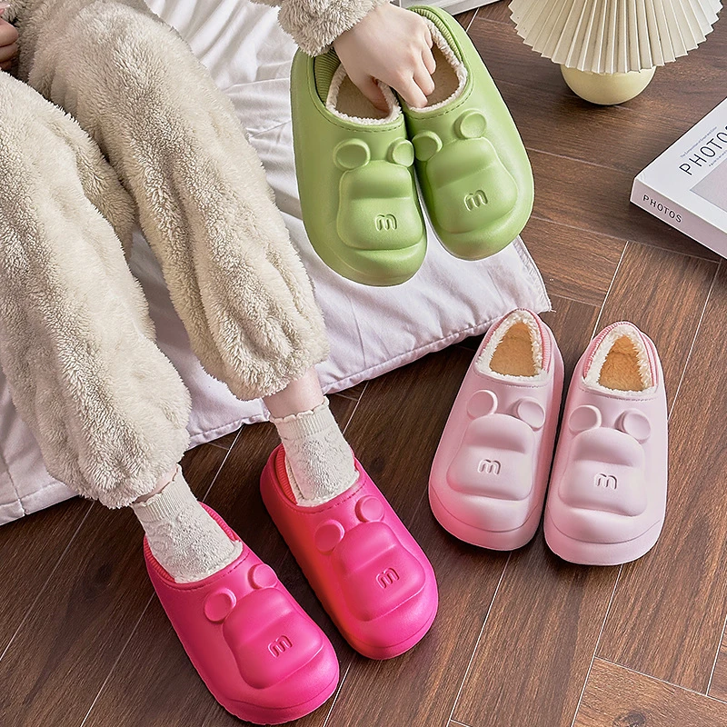 女士冬季可爱小熊两穿保暖防水防风包跟棉拖鞋