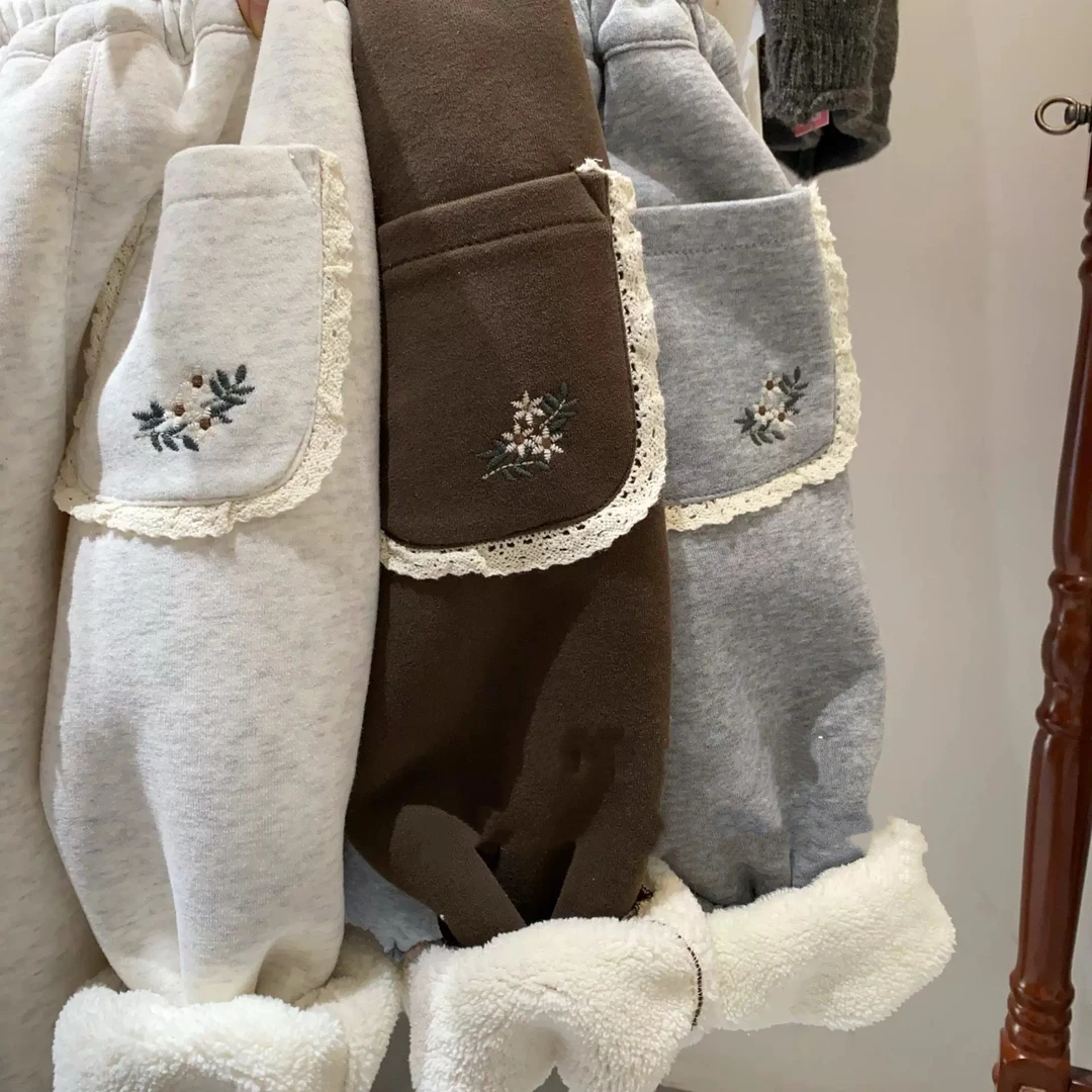 加厚绒！冬季新款韩国女童羊驼绒卫裤外穿简约刺绣洋气小花运动裤