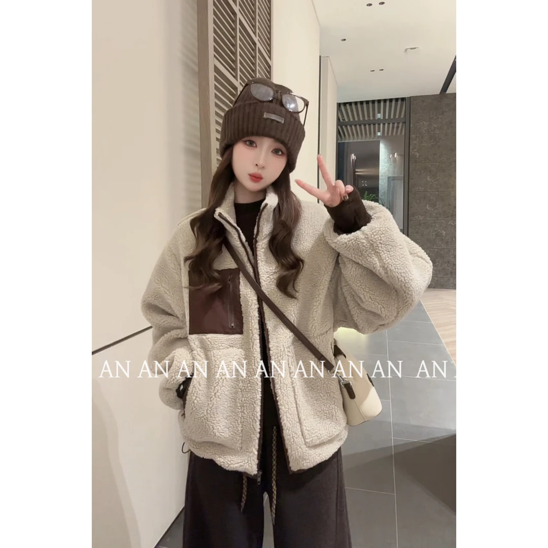 C10186冬季新款韩系保暖撞色拼接拉链口袋立领毛绒外套