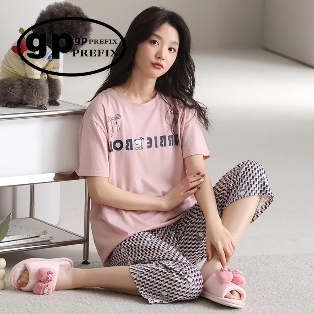 日本小众GP带胸垫睡衣女款夏季莫代尔短袖防凸点薄款七分裤家居服