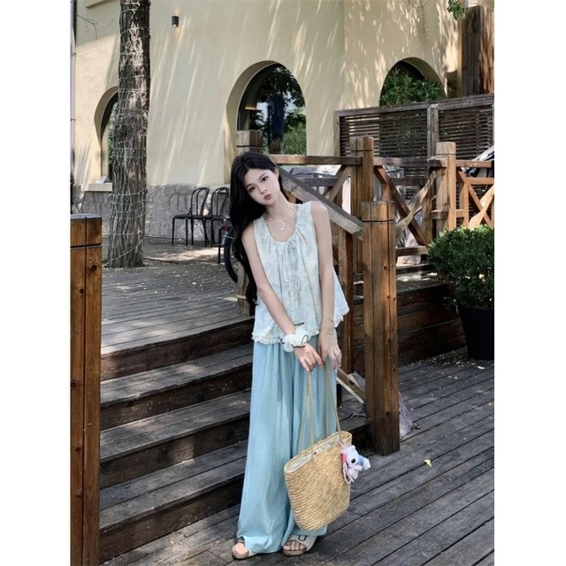 夏季无袖碎花系带背心上衣高腰垂感休闲阔腿裤度假风时尚两件套女