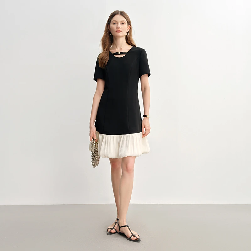 独束大码女装气质拼接连衣裙法式云朵裙摆时尚短裙25DS82797