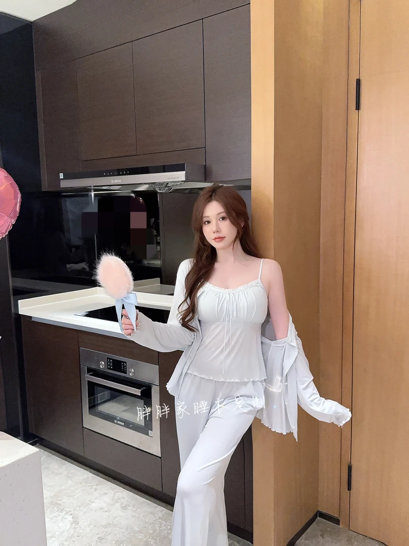 【蓝铃】显瘦三件套代尔棉宽松吊带纯欲显白简约款长袖家居服可外穿