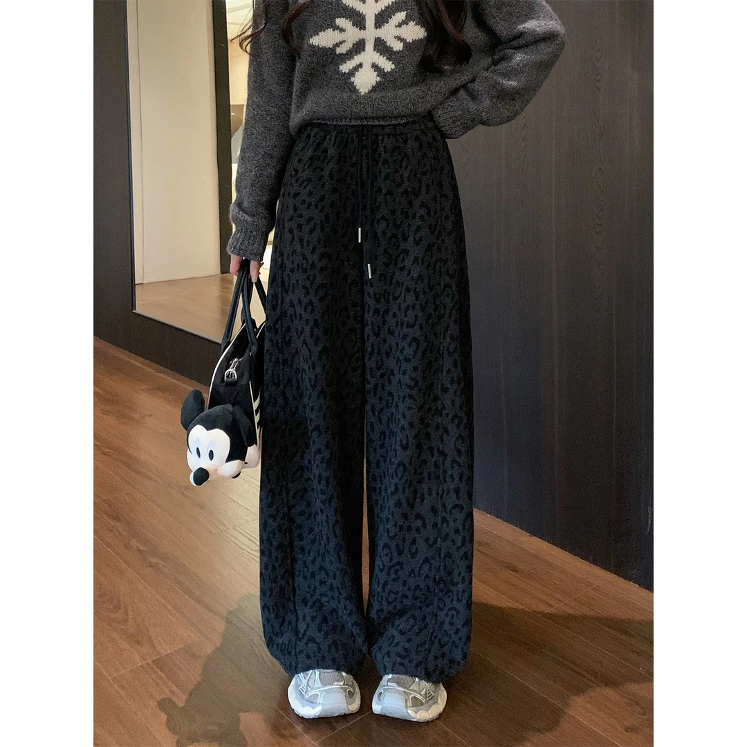 【SuSuqueen】冬季加厚抽绳豹纹休闲裤女小个子秋季阔腿长裤YY-5669
