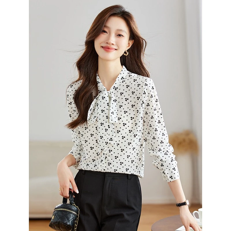 玛古芭真丝衬衫女春秋2025新款轻奢高级感爆款大牌桑蚕丝飘带上衣