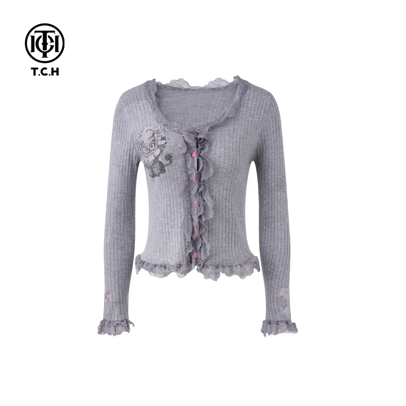 TCH现货私服烫钻工艺小狮子花边薄毛针织衫女T75A43E5028轻奢tch