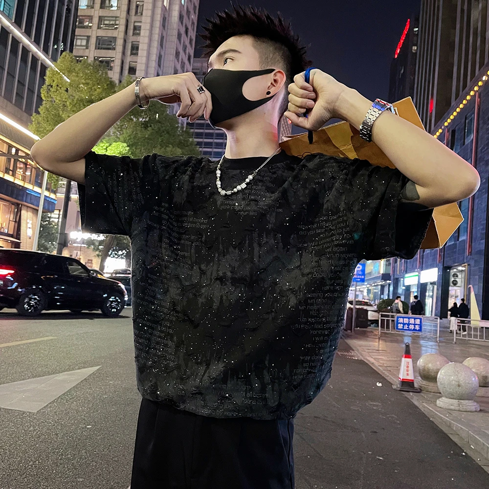 夏季新款男装百搭美式复古扎染亮片字母短袖T恤男士短袖上衣半袖