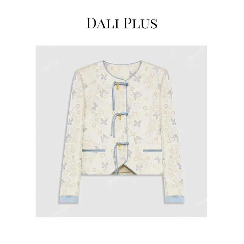DALI PLUS新国风新中式蓝色蝴蝶暗纹提花流苏盘扣女外套-D4XY0048