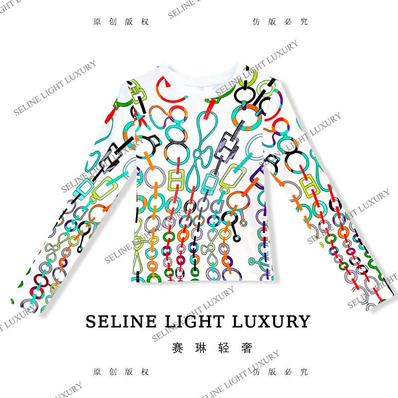 【25Q-689】七 2025 SELINE 新款印花时尚轻奢气质长袖T恤