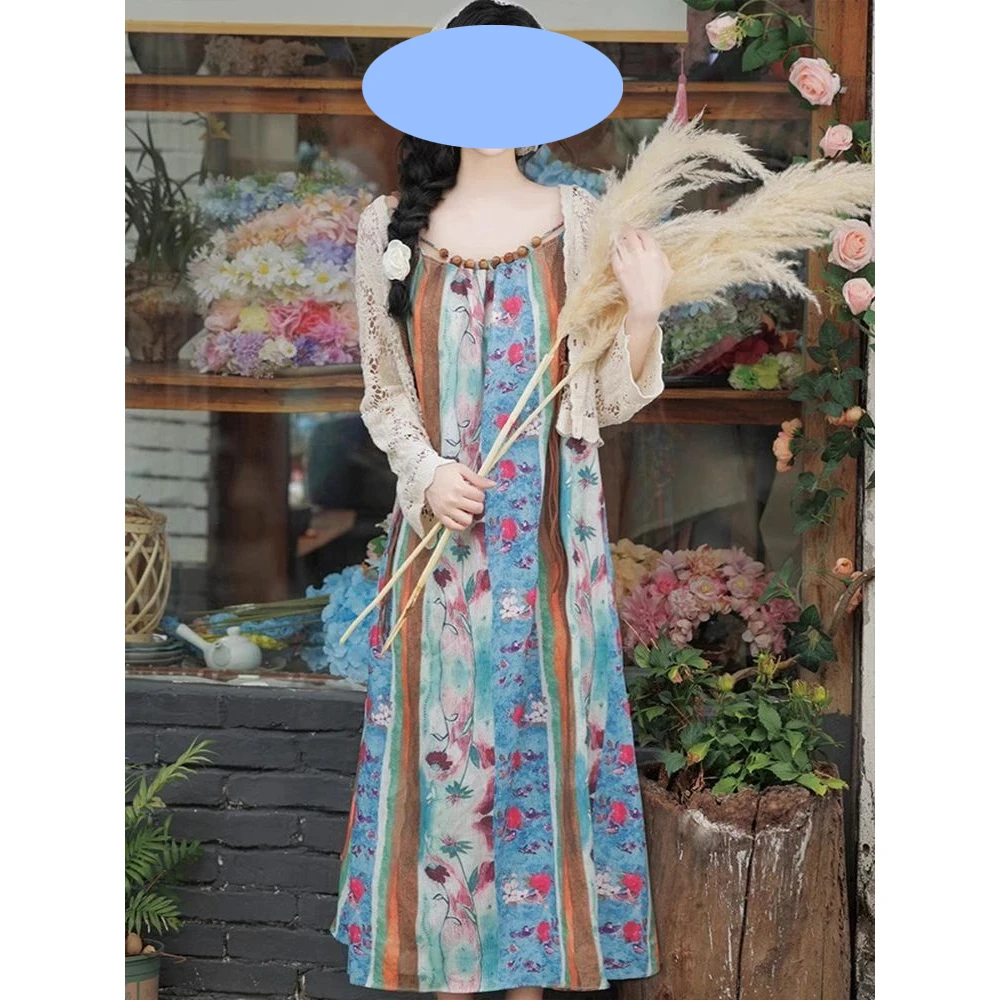 油画百搭轻奢优雅精致元气感夏季款吊带连衣裙女民族风度假套装裙