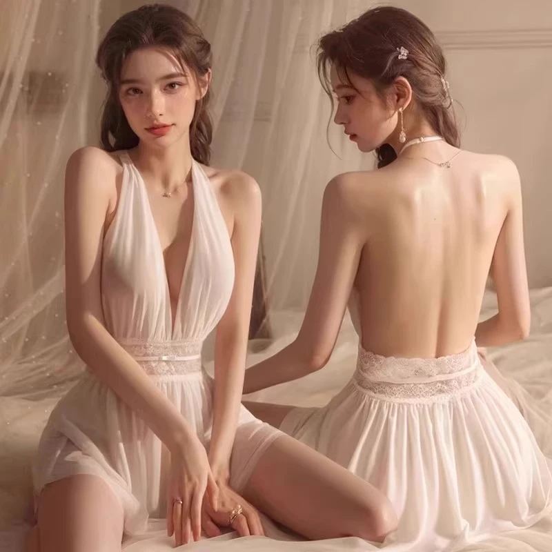 2025新款性感睡裙高级感制服诱惑激情冰丝小胸约会战袍纯欲睡衣女