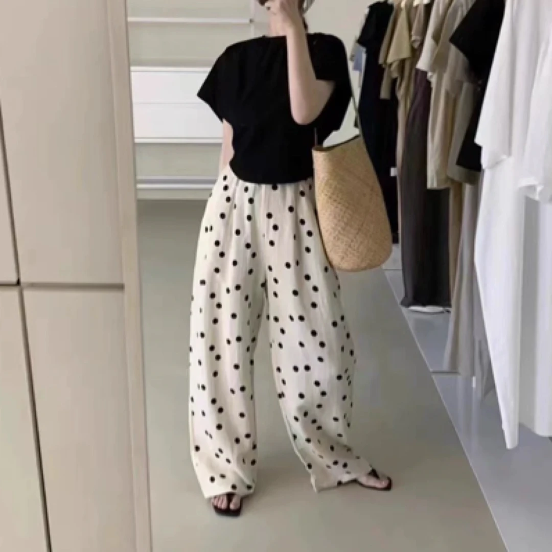 现货 韩国东大门 ondo 25年夏百搭显瘦松紧腰麻料波点圆点休闲裤