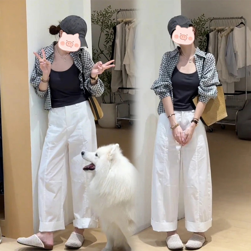 小个子穿搭一整套女夏季爆款宽松百搭遮肉格子衬衫休闲裤两件套装