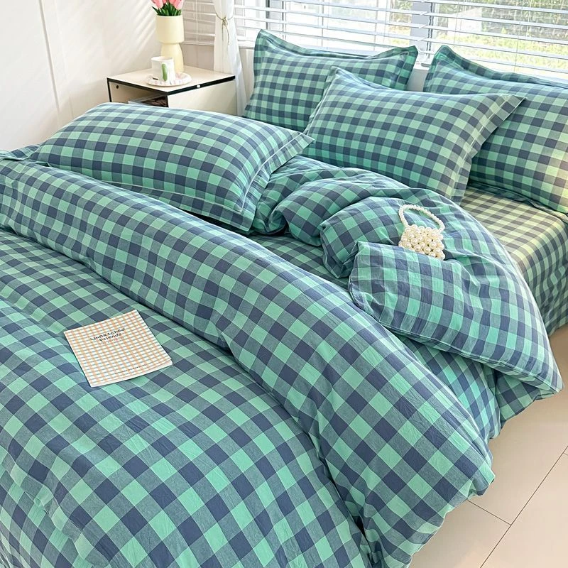 全棉100%色织水洗棉床品  10蓝绿三分格