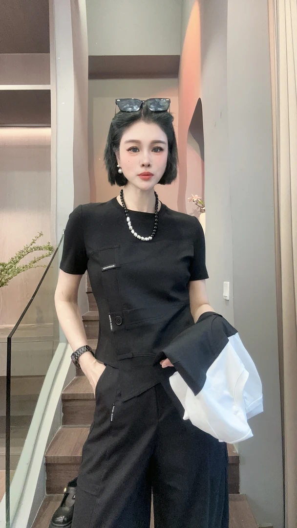 【YUANJIE】欧洲站春夏新款简约修身斜边下摆气质拼色短袖T恤上衣