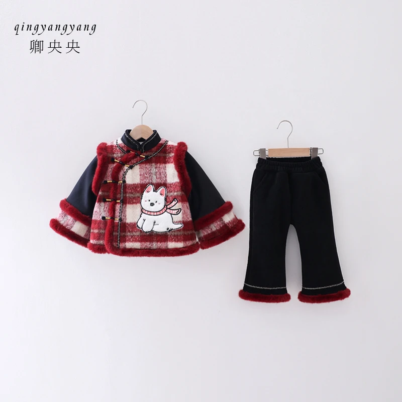 女童唐装拜年服冬季中国风新中式套装女孩加绒周岁礼服新年过年服