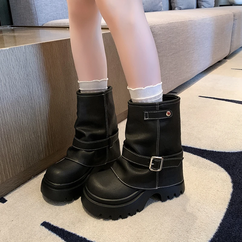 8cm厚底裤管靴女2025新款百搭增高机车马丁靴小个子英伦堆堆短靴