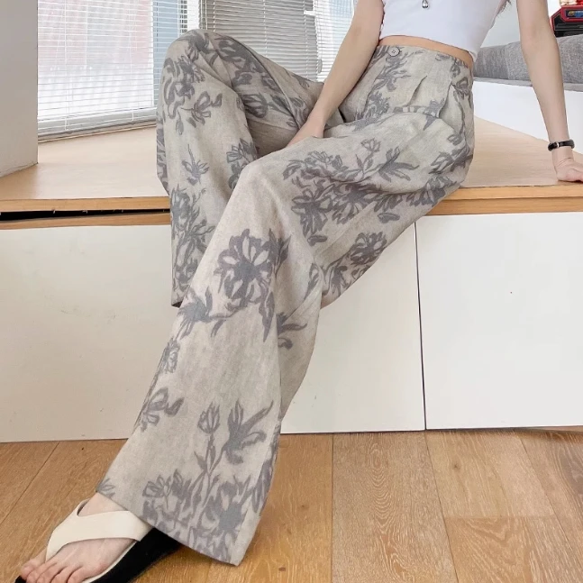 直筒水墨印花洋气小众裤子女装宽松长裤2025年夏天新款休闲裤大气