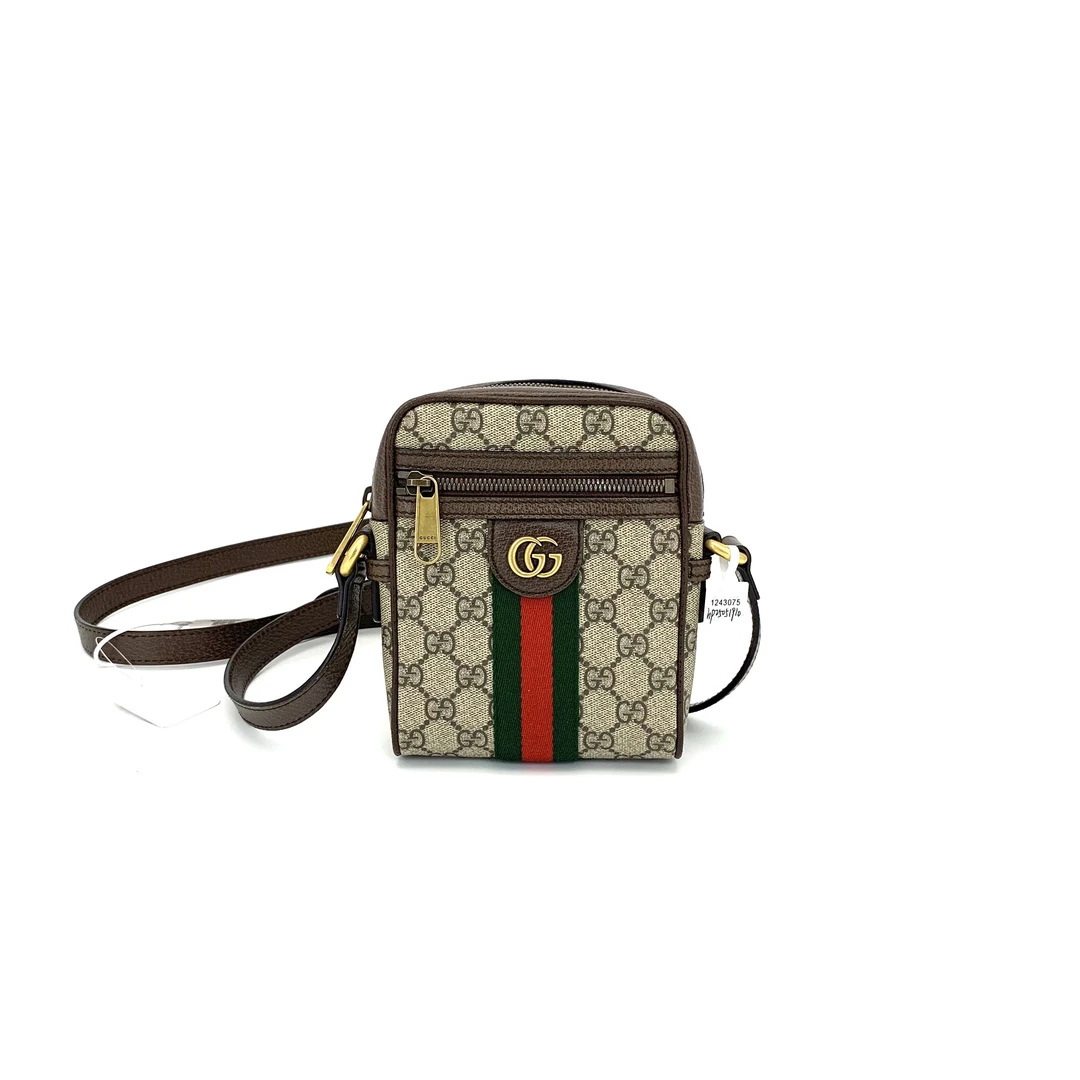 99新 GUCCI/古驰 经典Ophidia系列双G老花红绿织带手机包 尺18/14