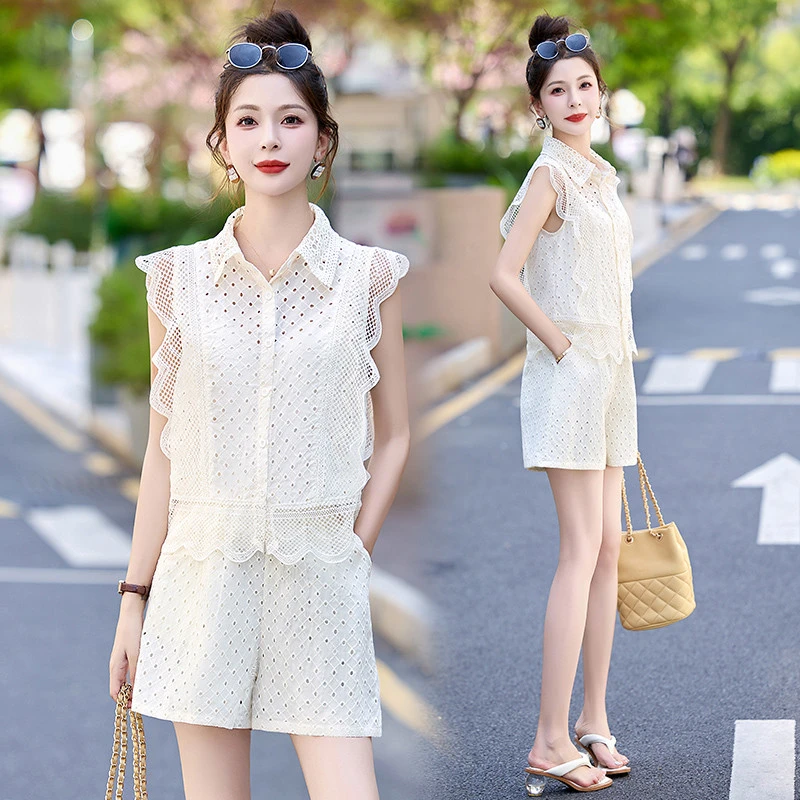 时尚短裤套装女2025夏季新款小个子高端小香风无袖蕾丝洋