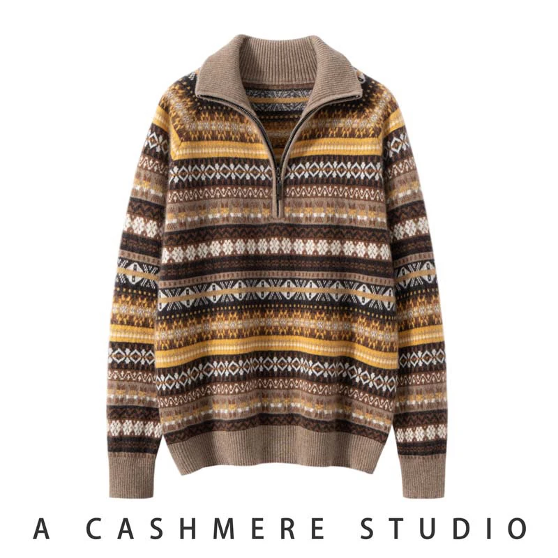 100%山羊绒女士秋冬费尔岛提花加厚宽松针织套头羊绒衫