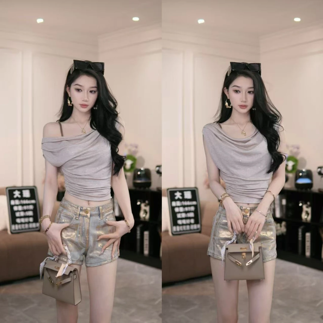 DYA3003【巴塞漫步】不规则烫钻斜肩短袖针织T恤上衣女