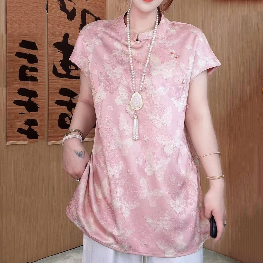 女士新中式国风奥黛2025新款气质蝴蝶提花中长上衣女短袖衬衫盘扣
