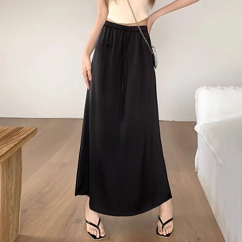 抽绳复古冰丝缎面醋酸高级感半身裙女夏中长款垂感遮胯a字伞裙子