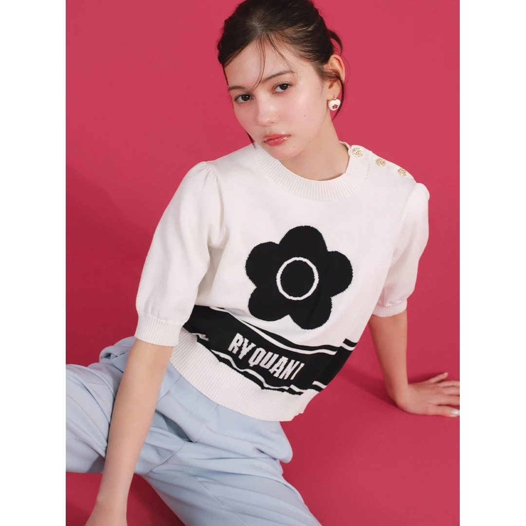 【六哥家】夏季新款 L x M 时尚泡泡袖上衣设计感图案提花针织衫