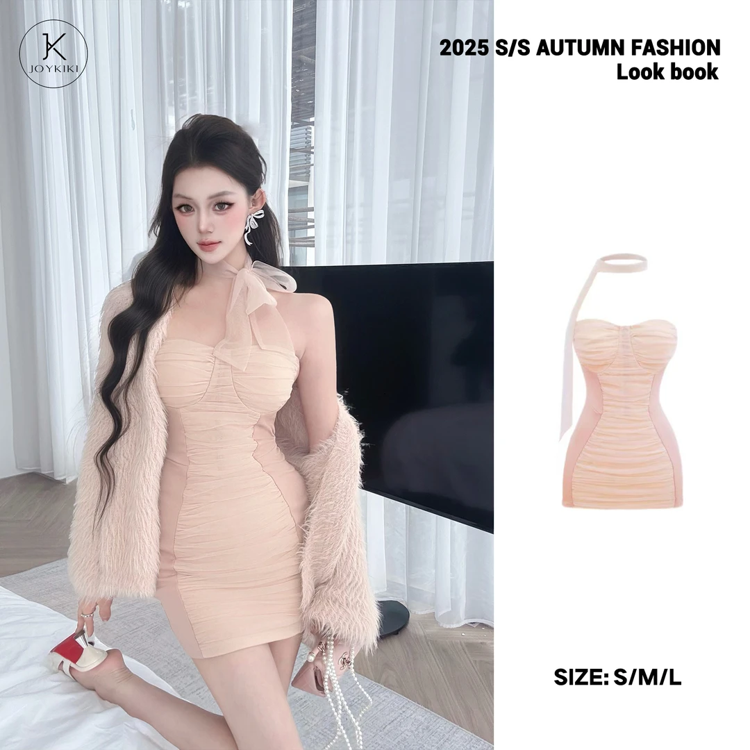 JOYKIKI金金【南洋千金】秋季气质拼接网纱设计抹胸连衣裙J25C498